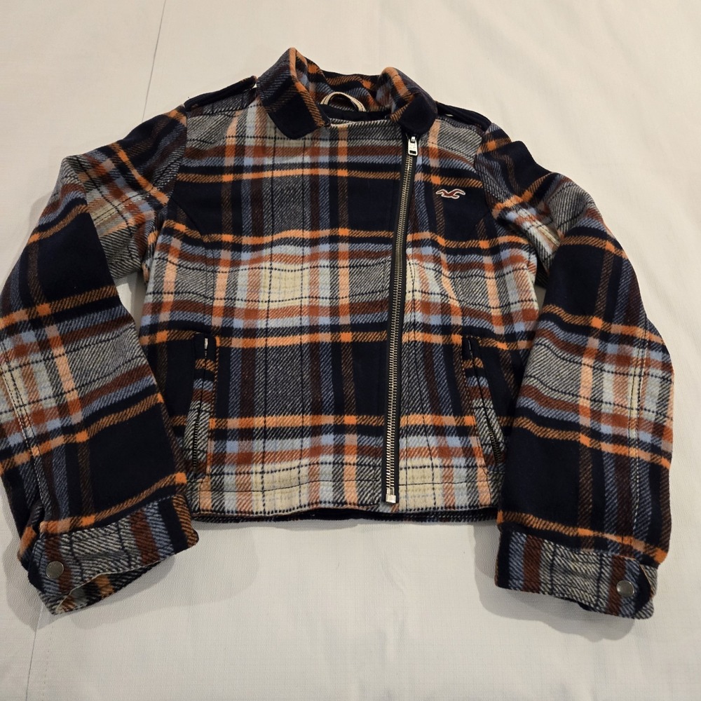 Hollister‎ Women's Blue Orange White Plaid Wool Blend Moto Jacket Size Large